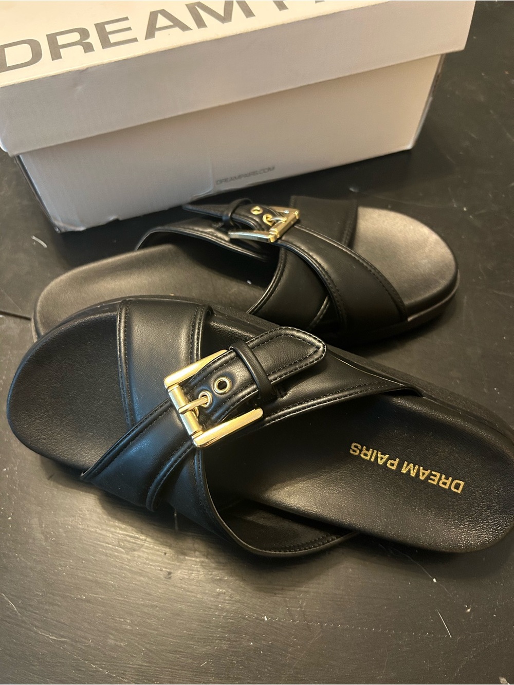 Dream Pairs Black Slide Sandals with Gold Buckle Accent